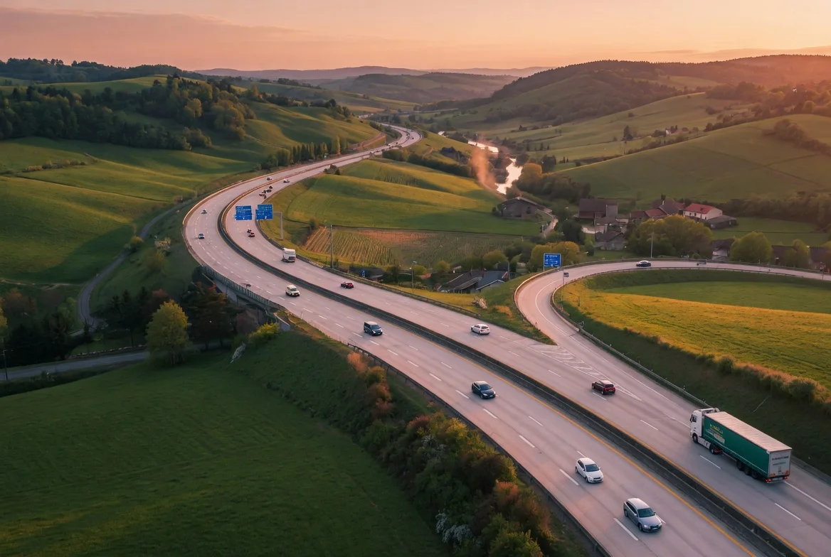Aerial view of a motorway winding through green hills at sunset