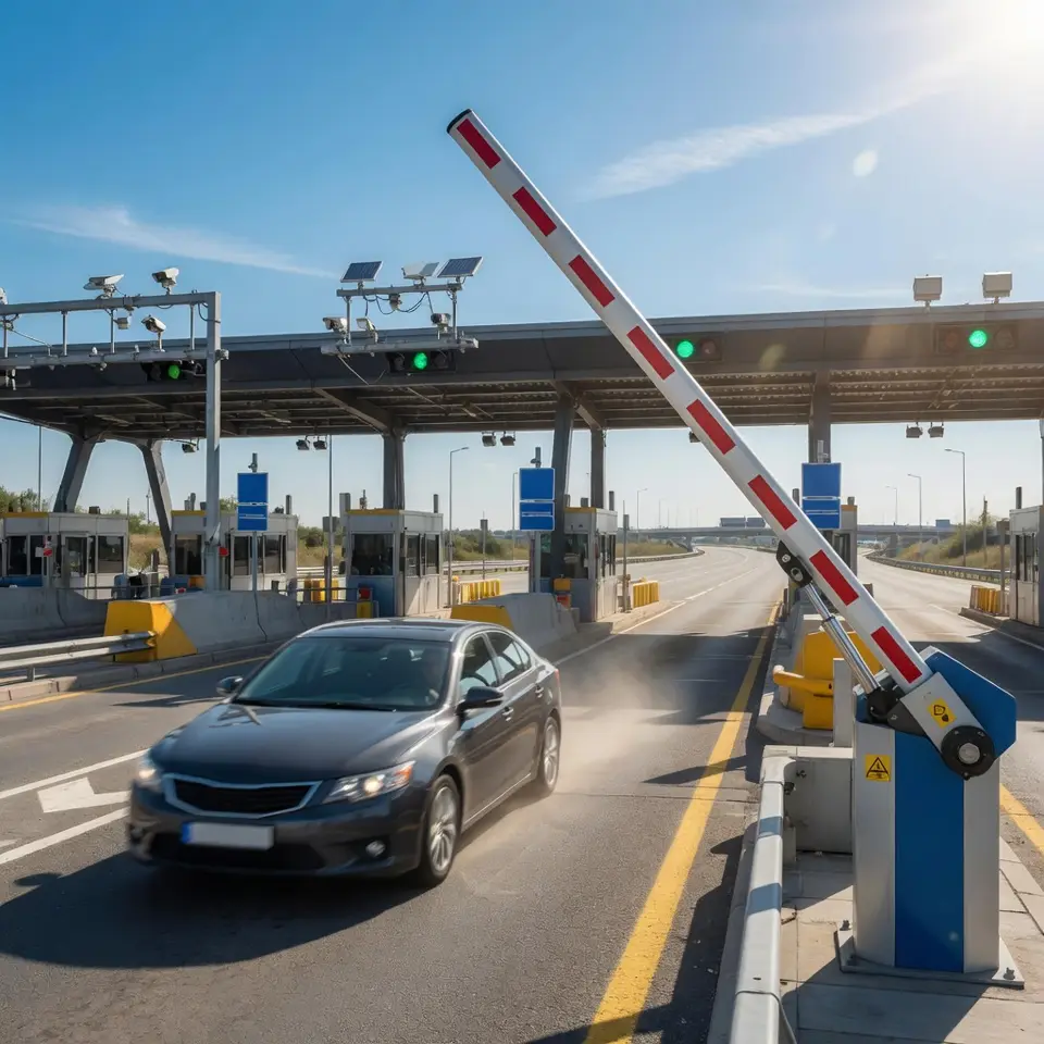 A car passing through an open motorway toll barrier